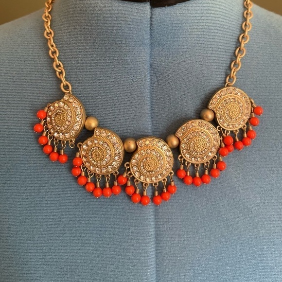 NWT Orange Rhinestone Gold Beaded Statement Necklace - Picture 1 of 3